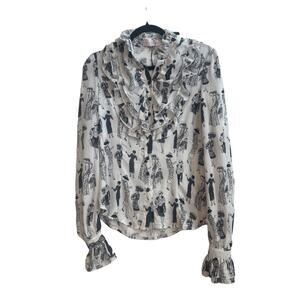 Blingdor White Chiffon Button up Ruffle Blouse with Outlined Women Novelty Print